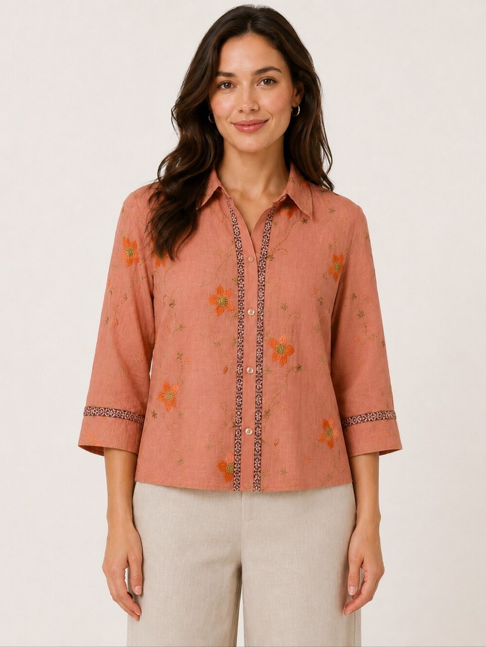 Womens Apricot Orange Embroidered Rhibestone Button-Front Blouse